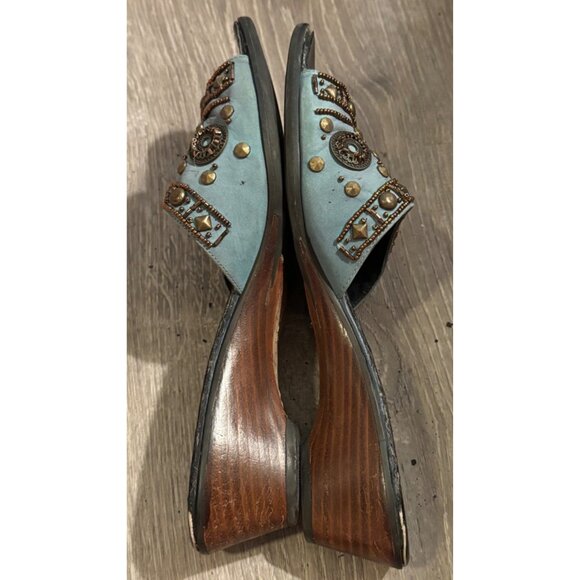 VanEli Studded Blue Leather Slip On Wedge Sandals Bronze Embellishments - Picture 6 of 8